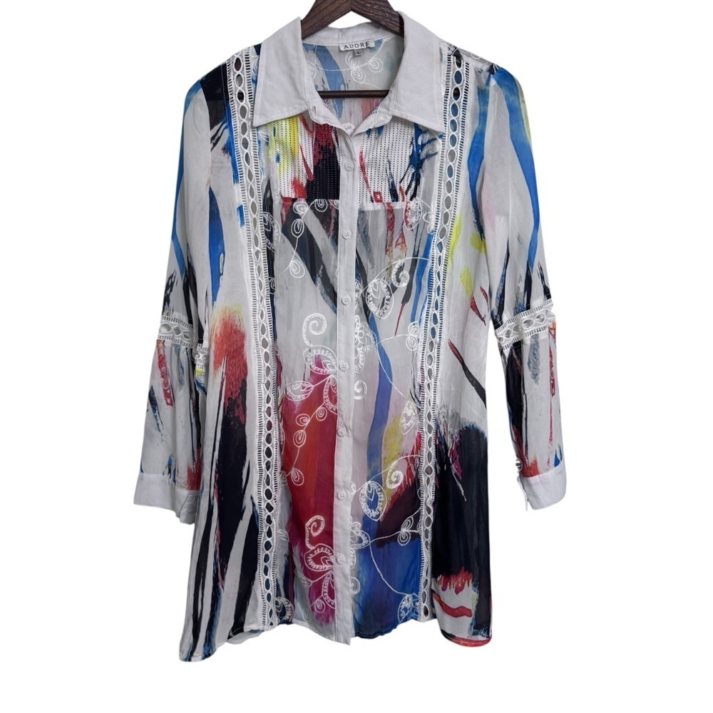 Adore Colorful Embroidered Patterned Button Down Collared Shirt Dress Large